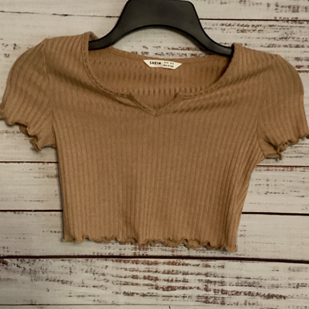 SHEIN Tan Ribbed Short Sleeve Top